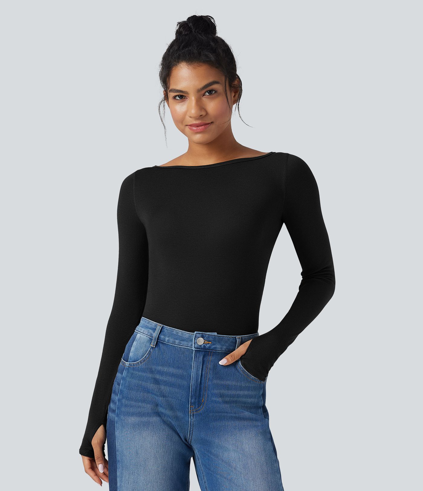 Boat Neck Long Sleeve Thumb Hole Casual Wool-Blend Top