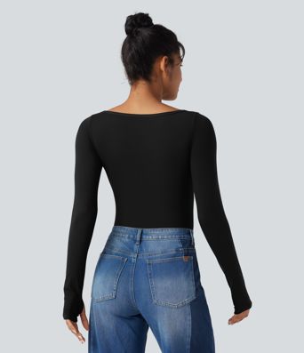 Boat Neck Long Sleeve Thumb Hole Casual Wool-Blend Top