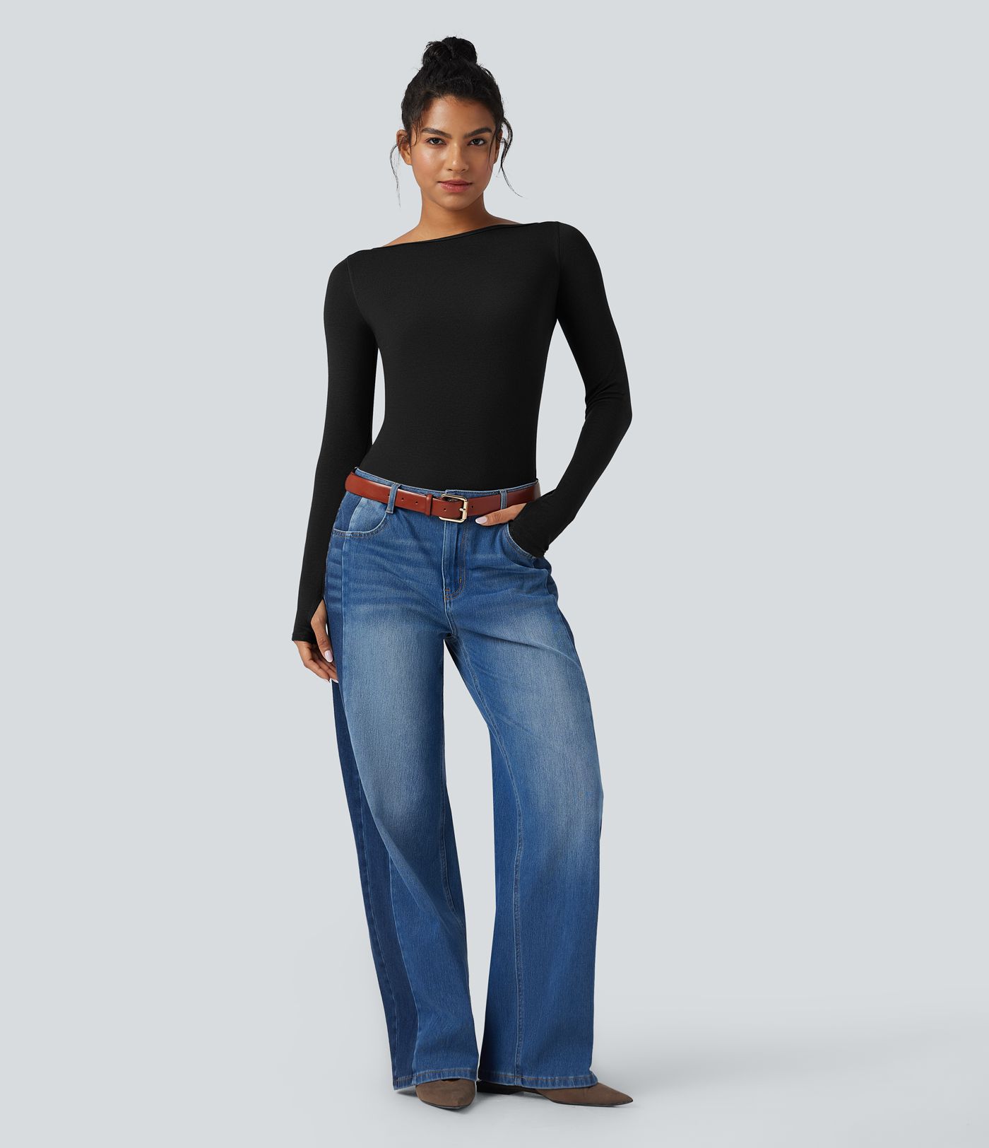 Boat Neck Long Sleeve Thumb Hole Casual Wool-Blend Top