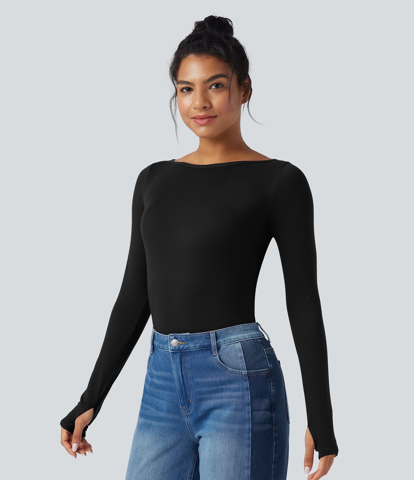 Boat Neck Long Sleeve Thumb Hole Casual Wool-Blend Top