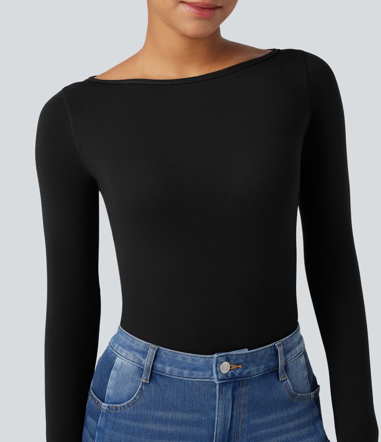 Boat Neck Long Sleeve Thumb Hole Casual Wool-Blend Top