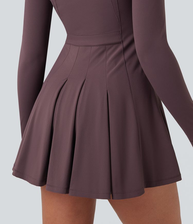 SoftlyZero™ Plush Half Zip Long Sleeve Thumb Hole 2-Piece Mini Tennis Active Dress with Pockets