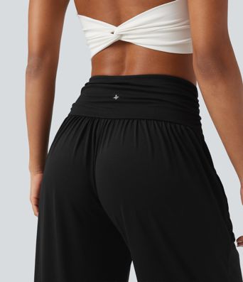 Melanżowe, marszczone, luźne spodnie do jogi z wysokimi stanami i kieszeniami.