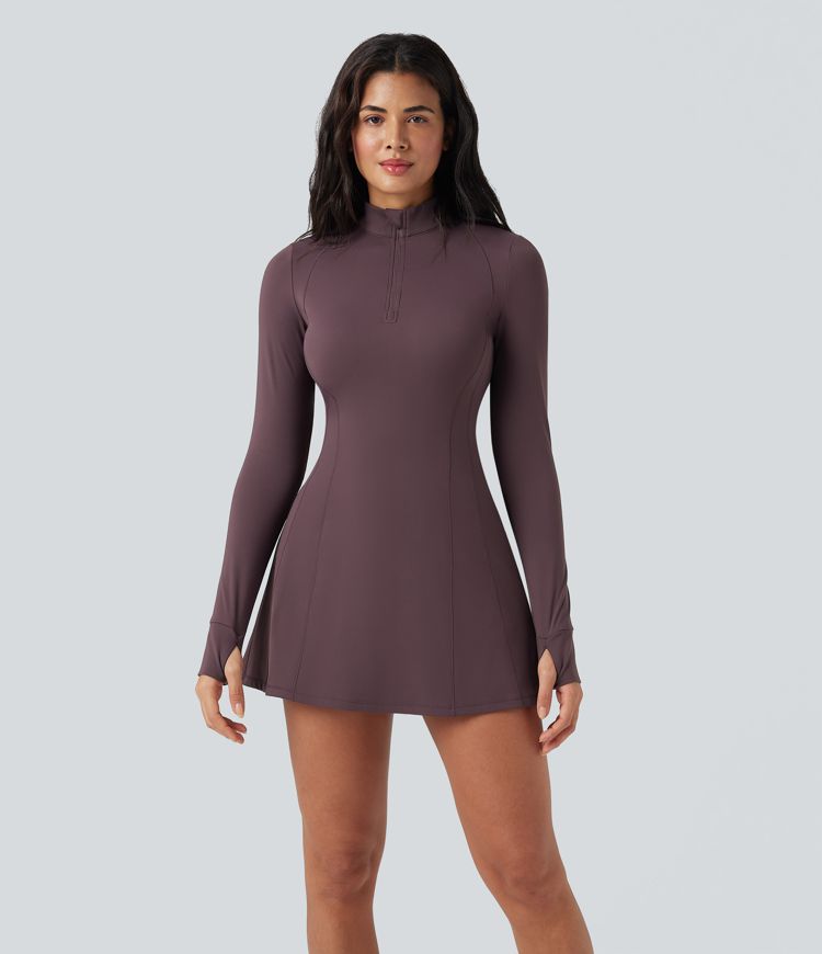 SoftlyZero™ Plush Half Zip Long Sleeve Thumb Hole 2-Piece Mini Tennis Active Dress with Pockets