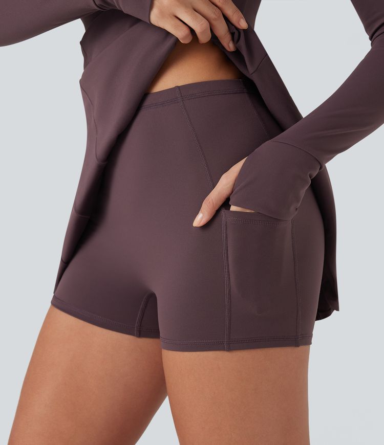 SoftlyZero™ Plush Half Zip Long Sleeve Thumb Hole 2-Piece Mini Tennis Active Dress with Pockets