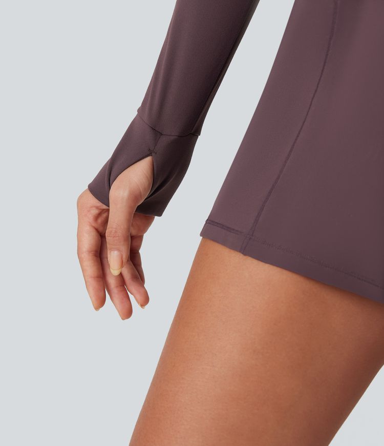 SoftlyZero™ Plush Half Zip Long Sleeve Thumb Hole 2-Piece Mini Tennis Active Dress with Pockets