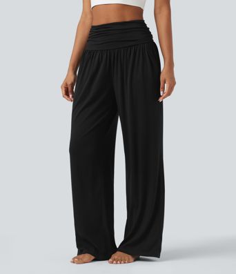Melanżowe, marszczone, luźne spodnie do jogi z wysokimi stanami i kieszeniami.