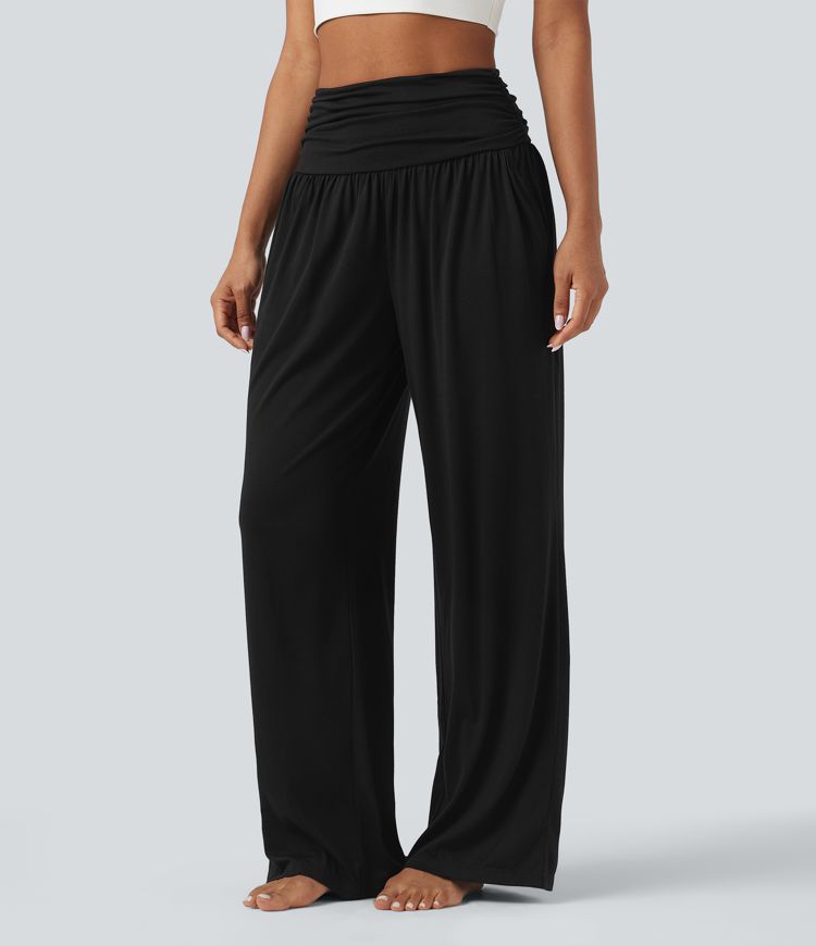 Melanżowe, marszczone, luźne spodnie do jogi z wysokimi stanami i kieszeniami.