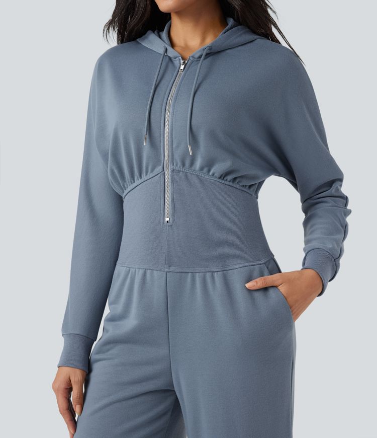 Hooded Drawstring Long Sleeve Casual Jumpsuit with Pockets