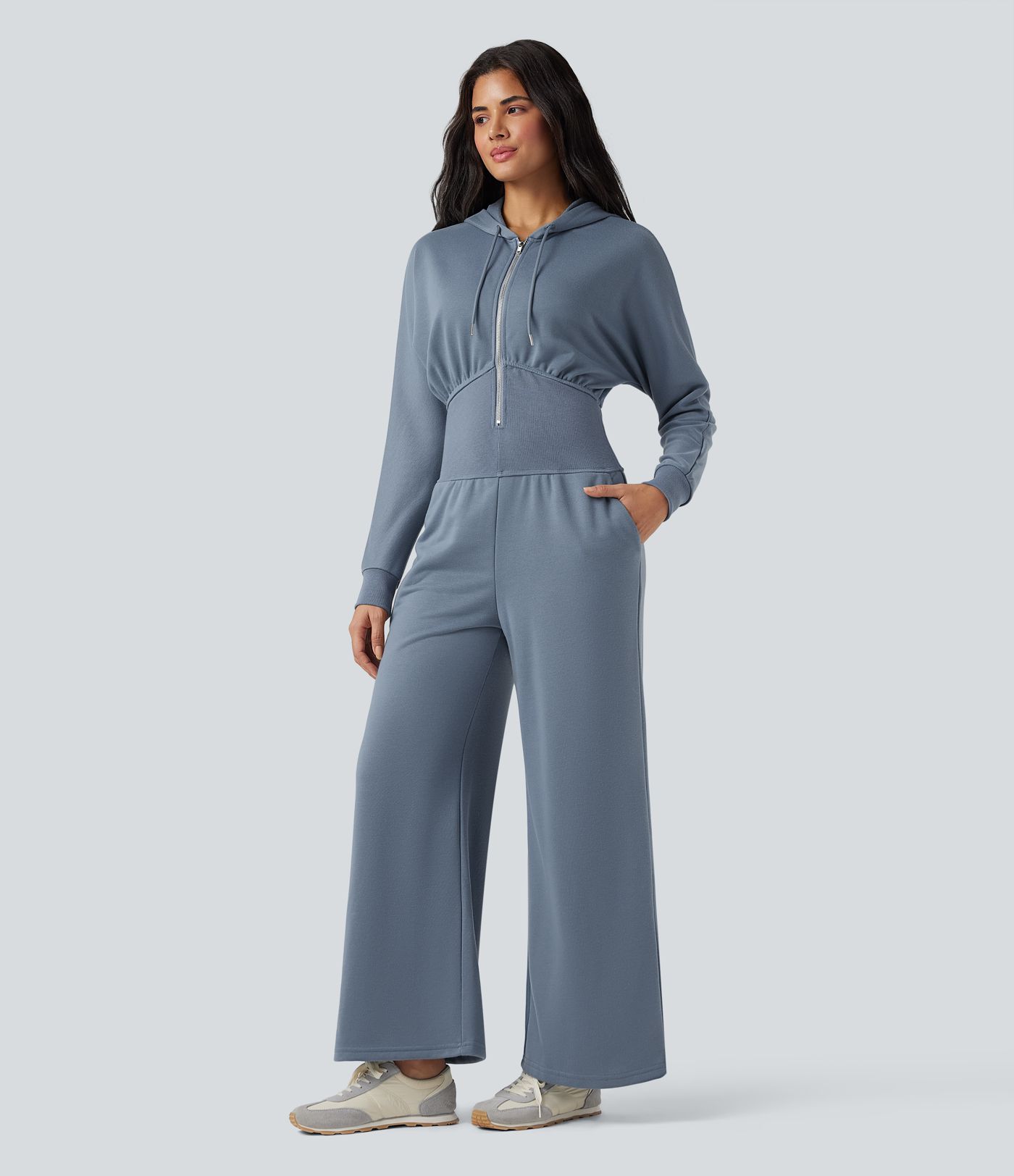 Jumpsuit casual de manga larga con capucha y cordón ajustable con bolsillos