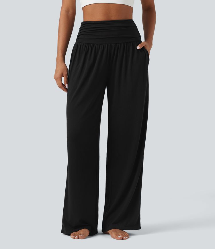 Melanżowe, marszczone, luźne spodnie do jogi z wysokimi stanami i kieszeniami.