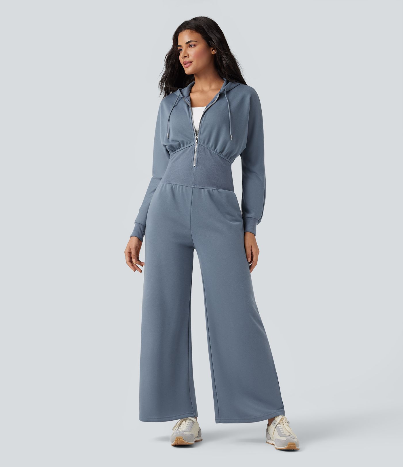 Jumpsuit casual de manga larga con capucha y cordón ajustable con bolsillos