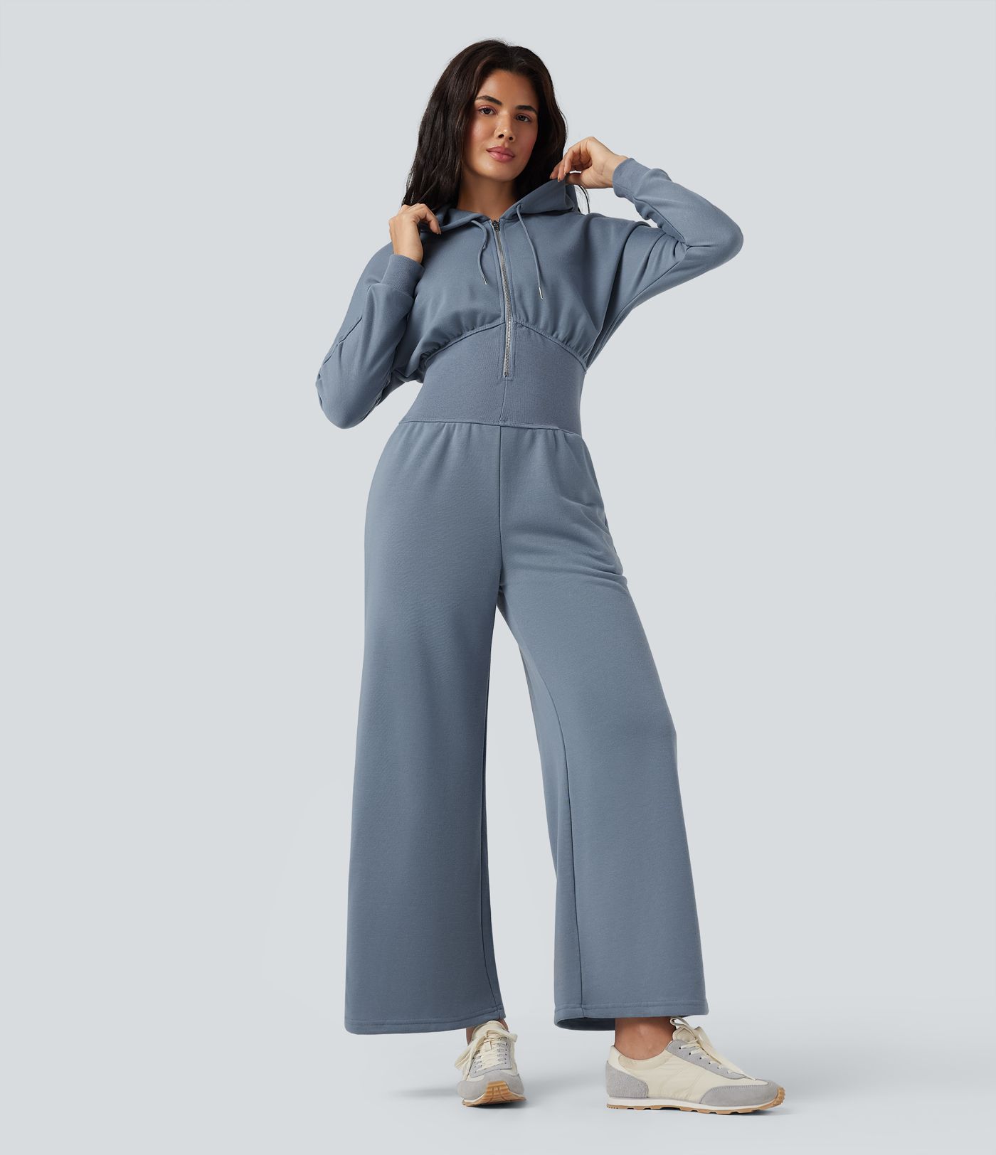 Jumpsuit casual de manga larga con capucha y cordón ajustable con bolsillos