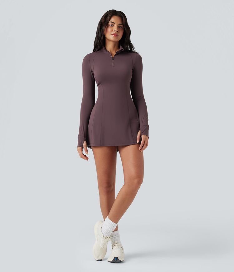 SoftlyZero™ Plush Half Zip Long Sleeve Thumb Hole 2-Piece Mini Tennis Active Dress with Pockets