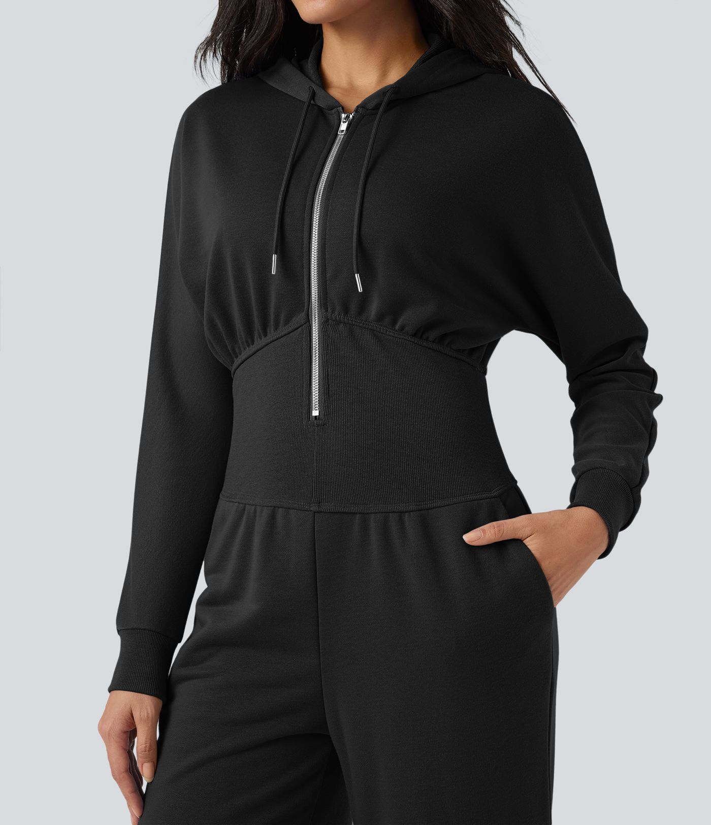 Combinaison décontractée à capuche avec cordon en daim, manches longues et poches