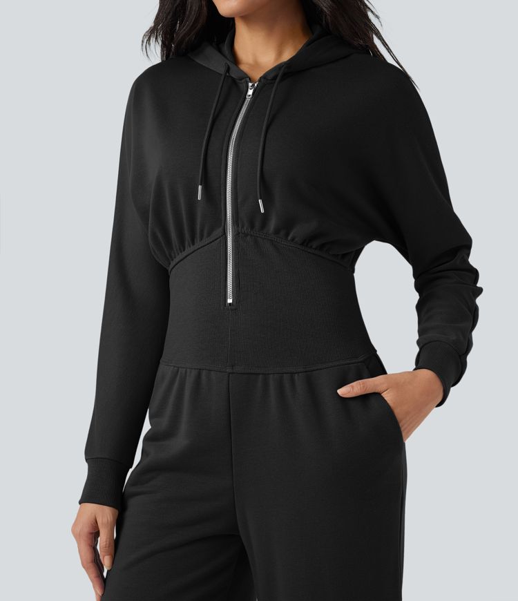 Combinaison décontractée à capuche avec cordon en daim, manches longues et poches