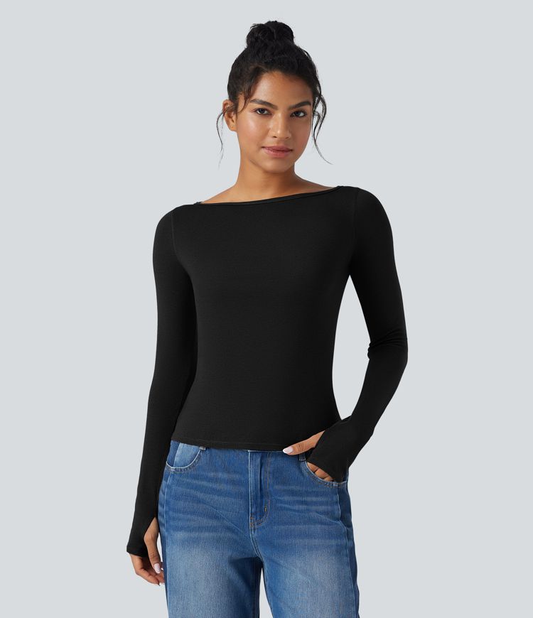 Boat Neck Long Sleeve Thumb Hole Casual Wool-Blend Top
