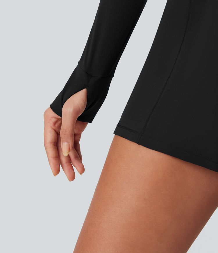 SoftlyZero™ Plush Half Zip Long Sleeve Thumb Hole 2-Piece Mini Tennis Active Dress with Pockets