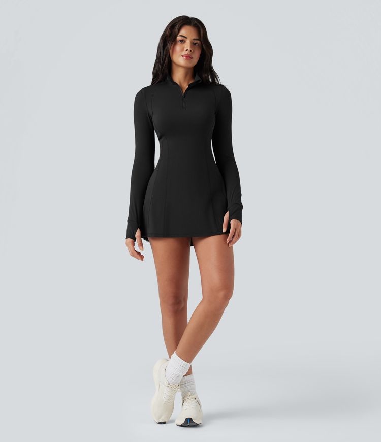 SoftlyZero™ Plush Half Zip Long Sleeve Thumb Hole 2-Piece Mini Tennis Active Dress with Pockets