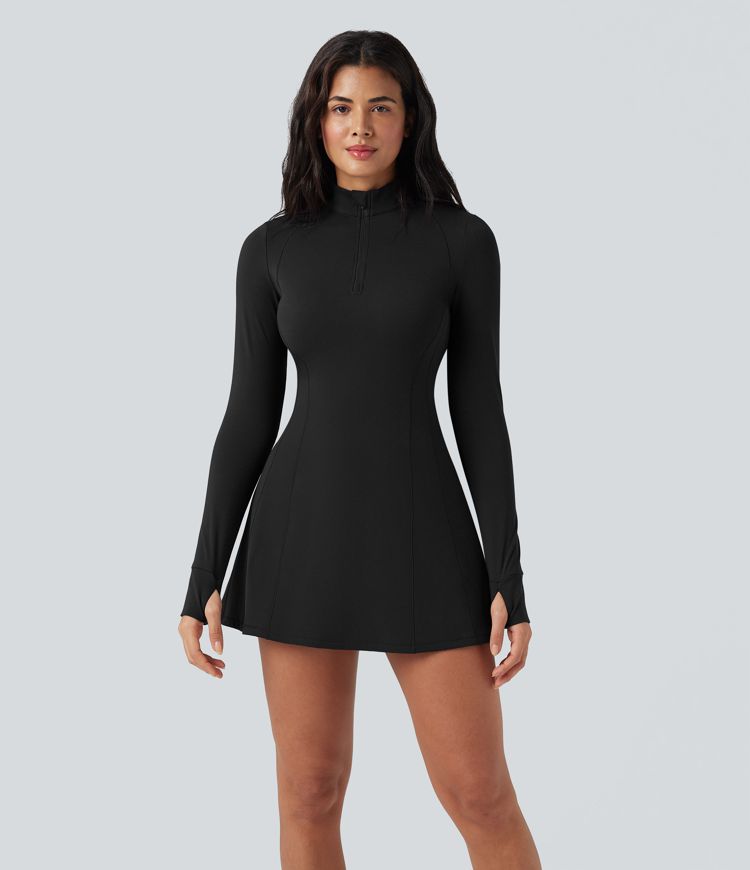 SoftlyZero™ Plush Half Zip Long Sleeve Thumb Hole 2-Piece Mini Tennis Active Dress with Pockets
