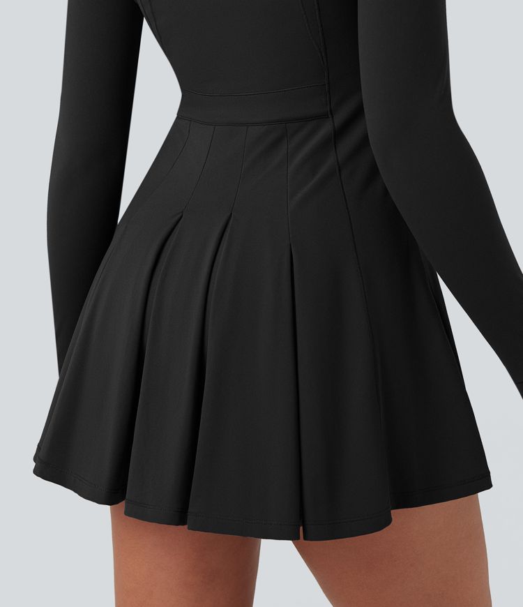 SoftlyZero™ Plush Half Zip Long Sleeve Thumb Hole 2-Piece Mini Tennis Active Dress with Pockets