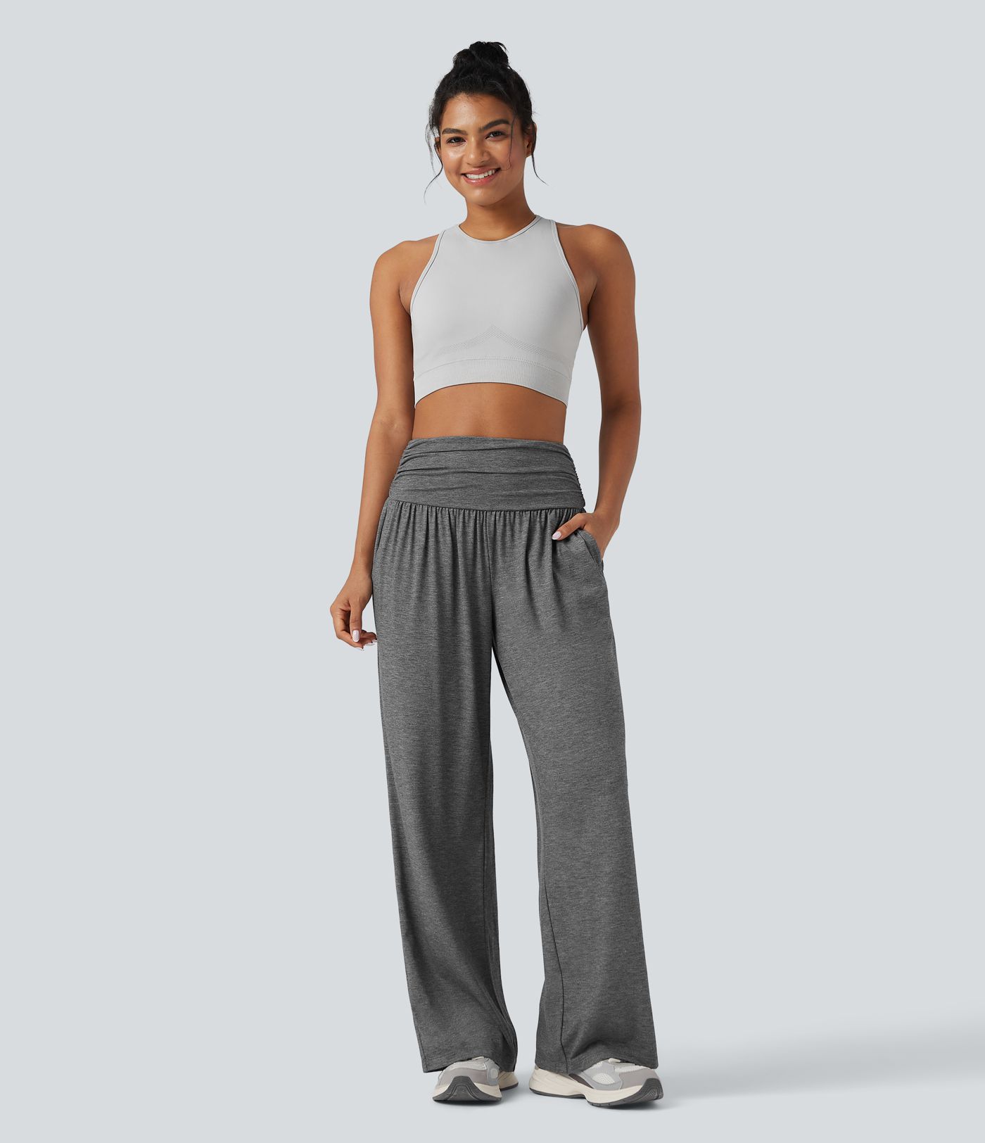 High Waisted Ruched Heathered Yoga Baggy Pants with Pockets