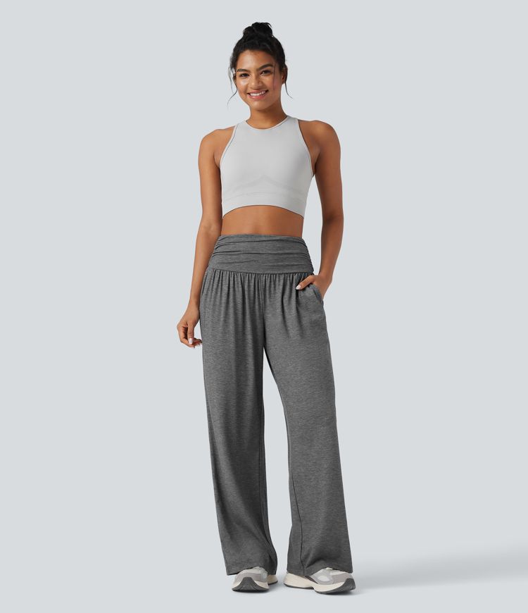 High Waisted Ruched Heathered Yoga Baggy Pants with Pockets