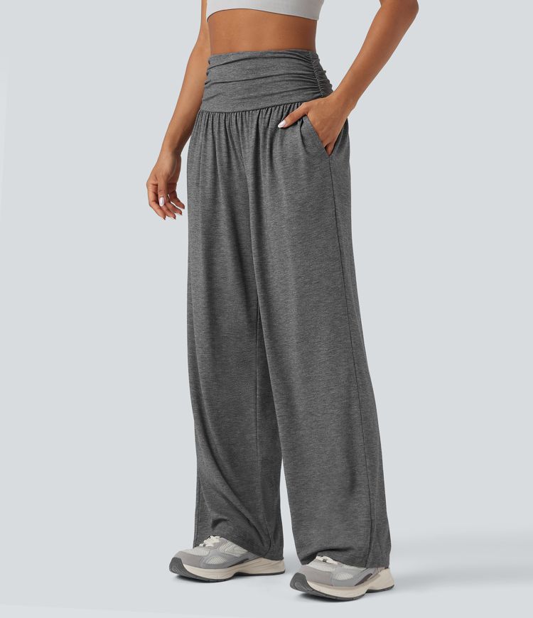 High Waisted Ruched Heathered Yoga Baggy Pants with Pockets