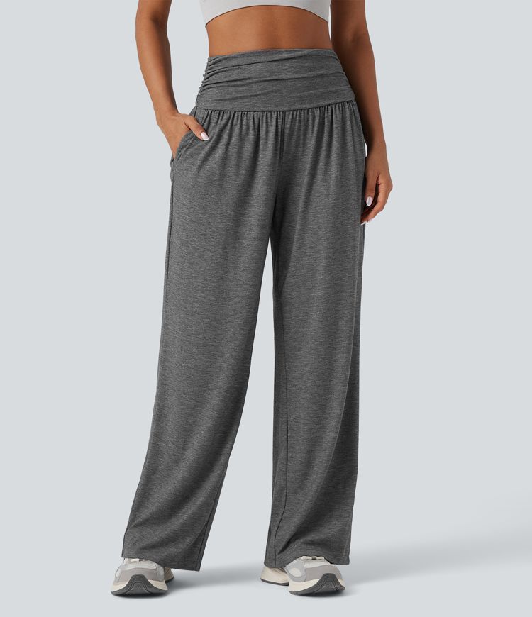 High Waisted Ruched Heathered Yoga Baggy Trousers with Pockets