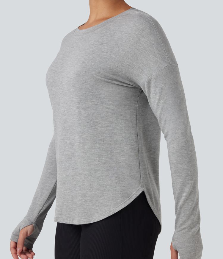 Sudadera casual holgada de manga larga con aberturas en la espalda y dobladillo curvo