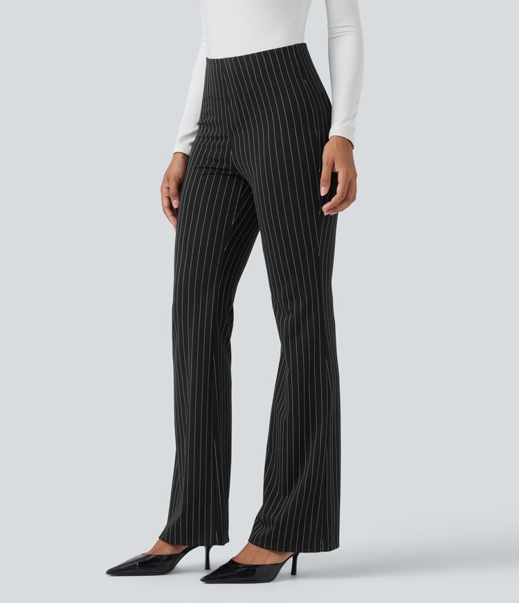 High Waisted Striped Work Flare Pants with Pockets