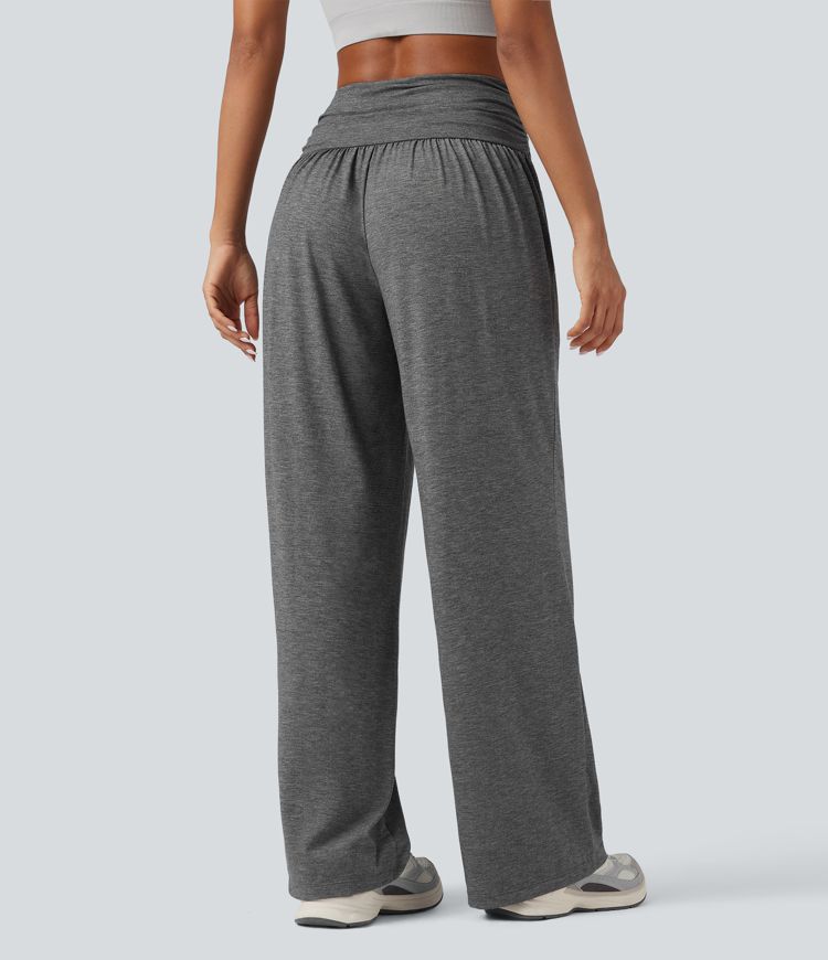 High Waisted Ruched Heathered Yoga Baggy Pants with Pockets