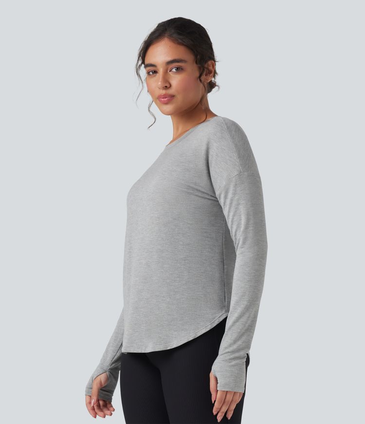Cut-out Back Long Sleeve Thumb Holes Curved Hem Relaxed Casual Sweatshirt