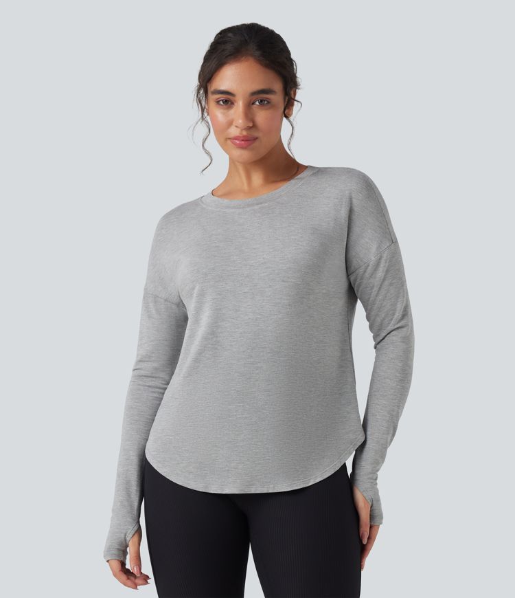 Cut-out Back Long Sleeve Thumb Holes Curved Hem Relaxed Casual Sweatshirt