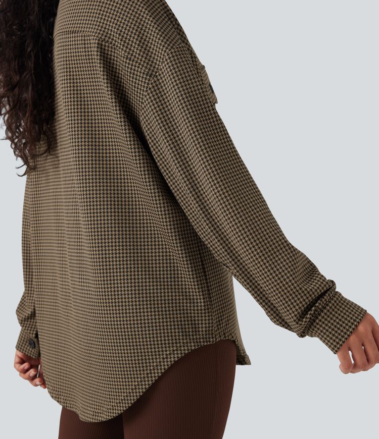 Chamarra casual extragrande con dobladillo curvo y estampado de pata de gallo y bolsillos