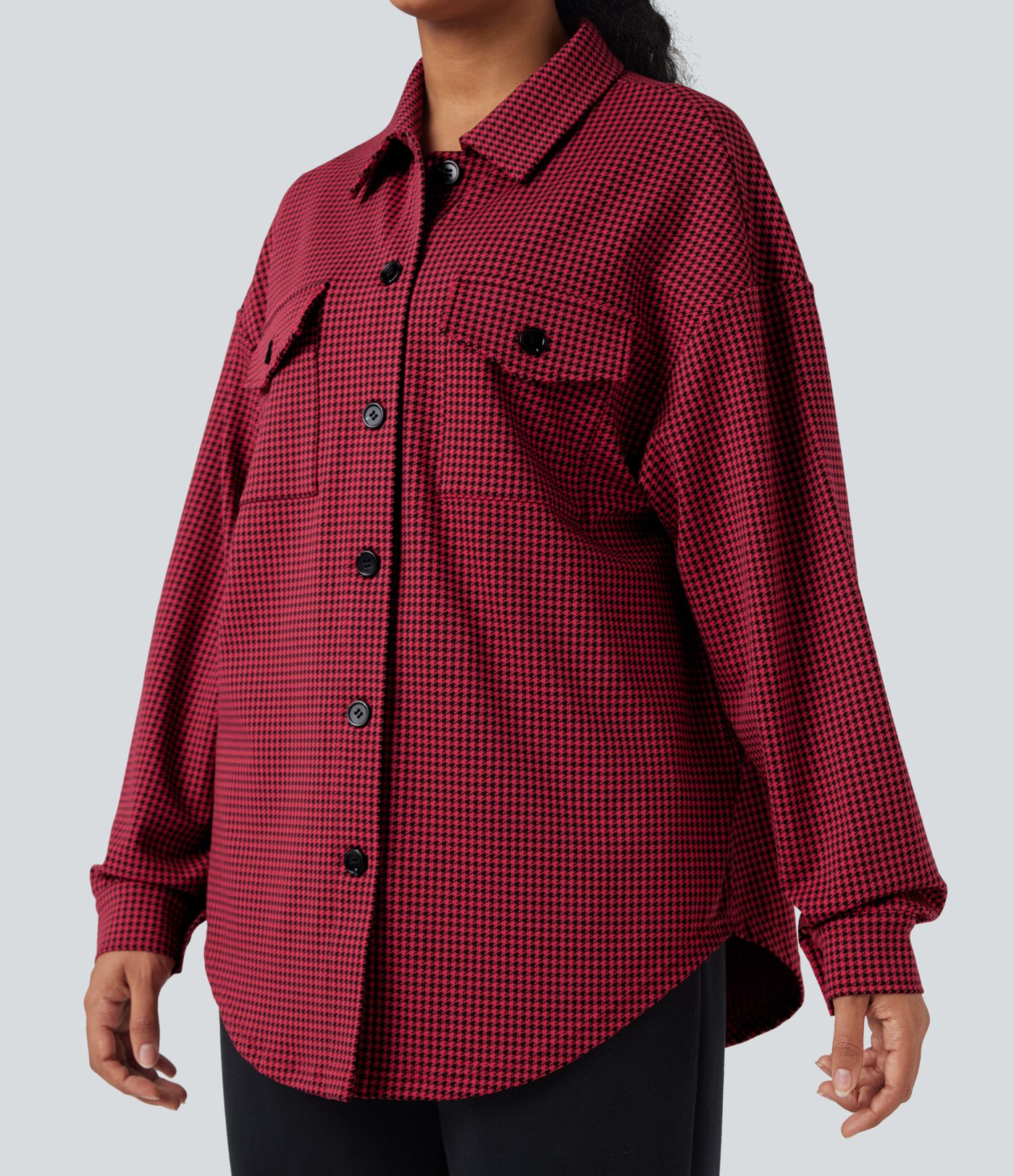 Chamarra casual extragrande con dobladillo curvo y estampado de pata de gallo y bolsillos