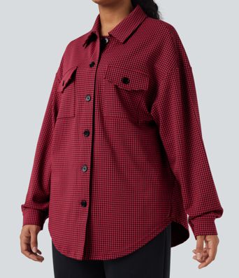 Chamarra casual extragrande con dobladillo curvo y estampado de pata de gallo y bolsillos