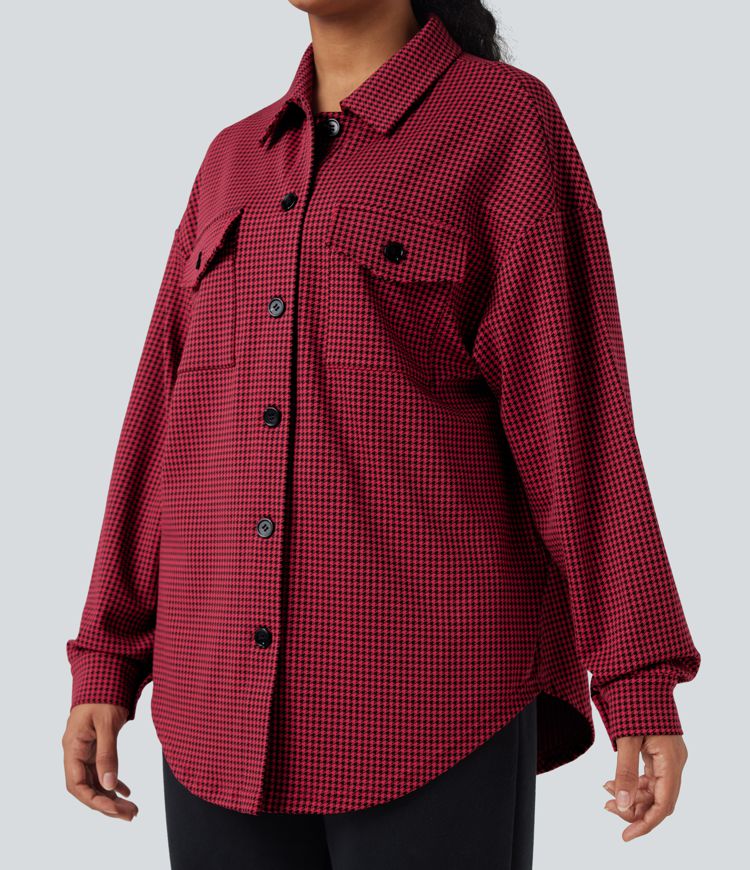 Chamarra casual extragrande con dobladillo curvo y estampado de pata de gallo y bolsillos