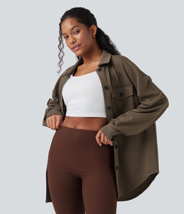 Chamarra casual extragrande con dobladillo curvo y estampado de pata de gallo y bolsillos