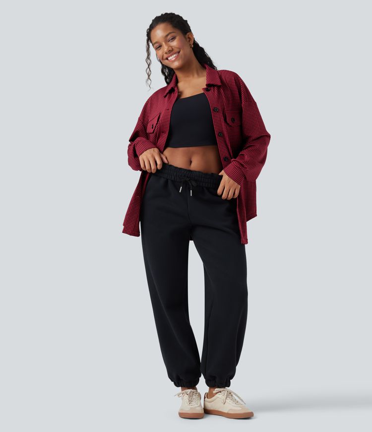 Chamarra casual extragrande con dobladillo curvo y estampado de pata de gallo y bolsillos