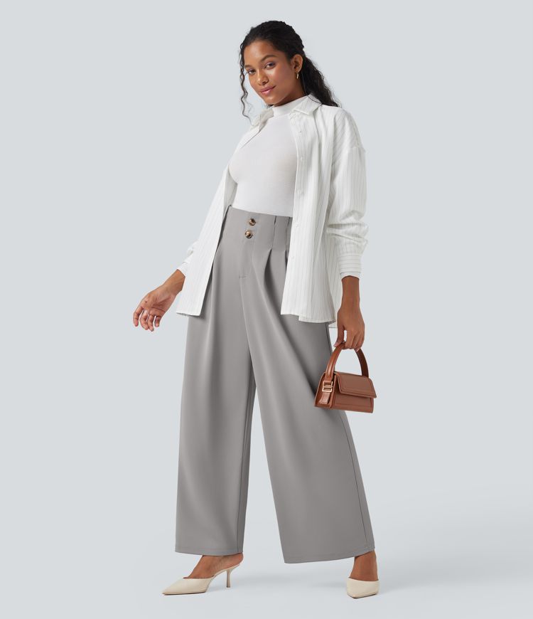 Pantalones de oficina ancho  Halara Flex™ de crepé de tiro alto con bolsillos