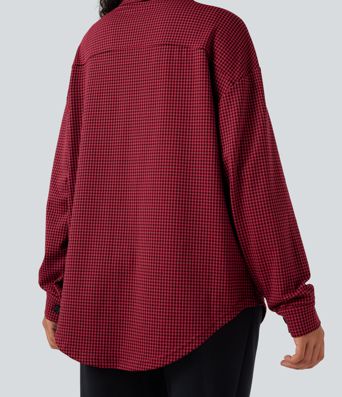 Chamarra casual extragrande con dobladillo curvo y estampado de pata de gallo y bolsillos