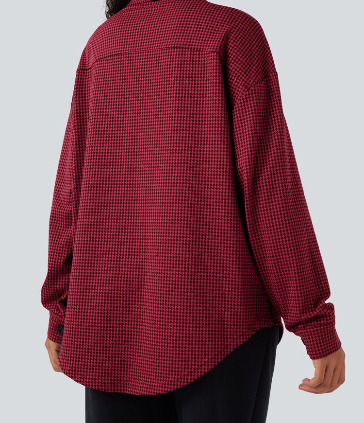 Chamarra casual extragrande con dobladillo curvo y estampado de pata de gallo y bolsillos