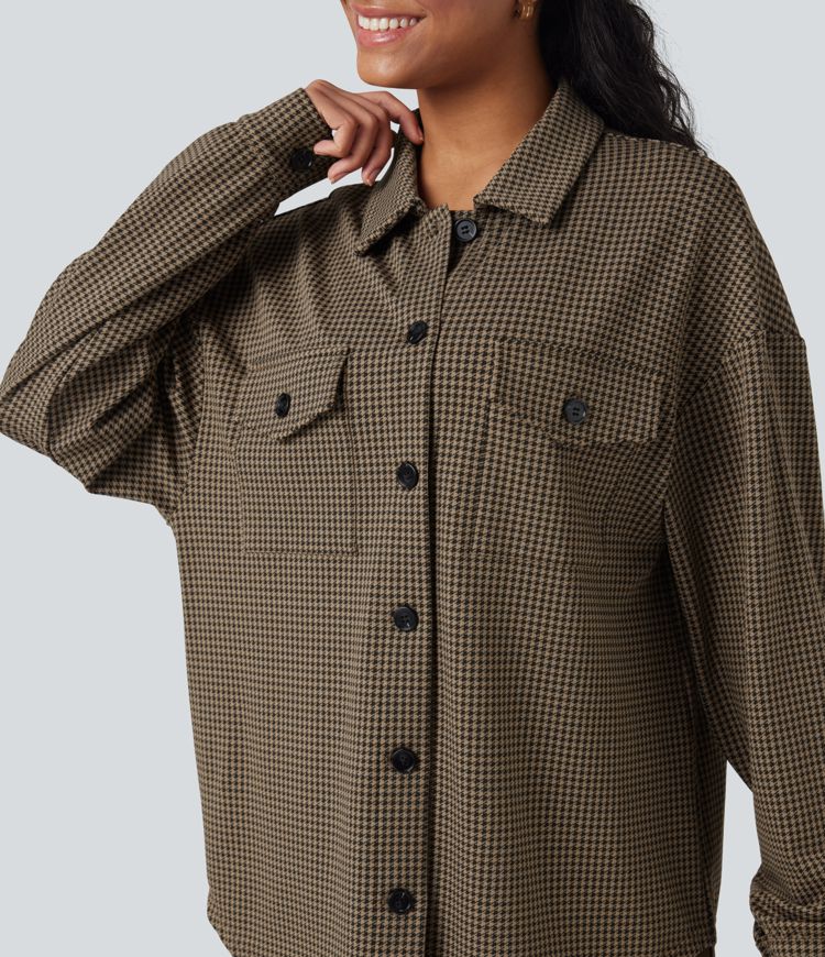 Chamarra casual extragrande con dobladillo curvo y estampado de pata de gallo y bolsillos