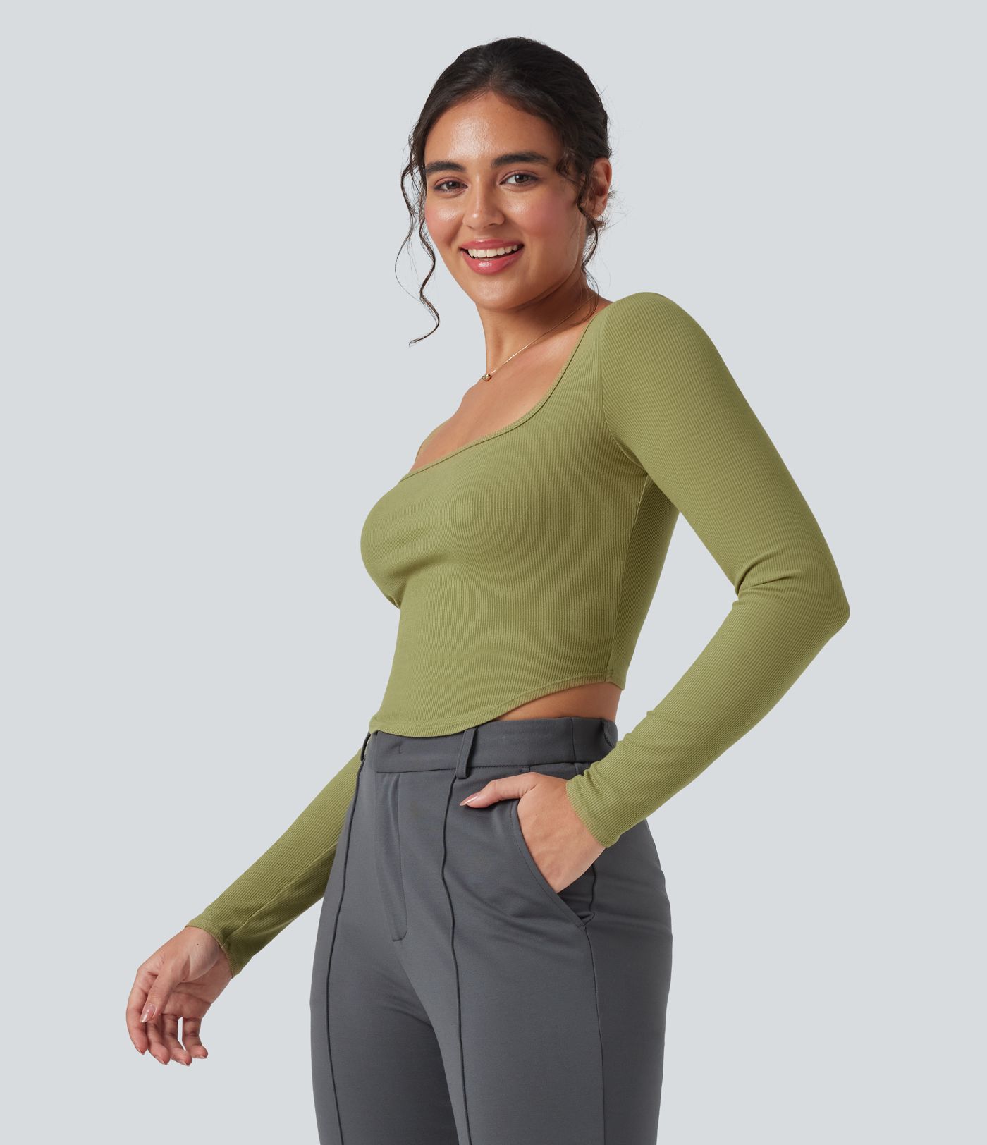 Ribbed Knit Square Neck Long Sleeve Curved Hem Work T-Shirt