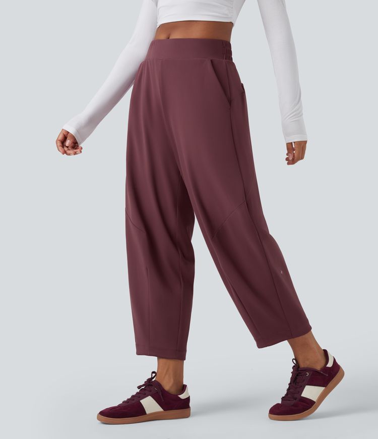 Mid Rise Casual Barrel Leg 7/8 Trousers with Pockets