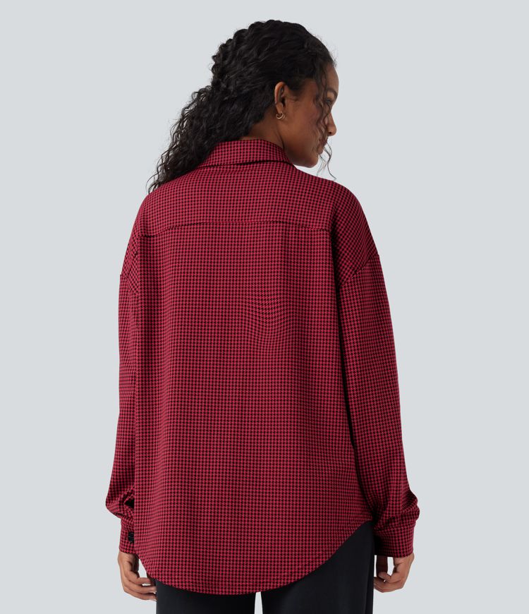 Chamarra casual extragrande con dobladillo curvo y estampado de pata de gallo y bolsillos