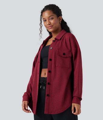 Chamarra casual extragrande con dobladillo curvo y estampado de pata de gallo y bolsillos