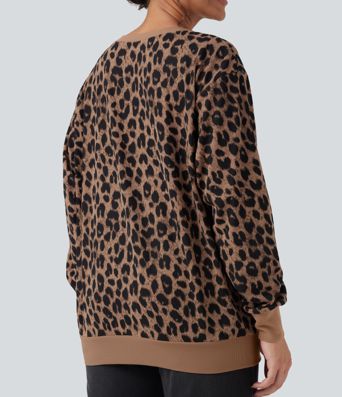 Round Neck Long Sleeve Leopard Waffle Oversized Casual Sweatshirt with Pockets