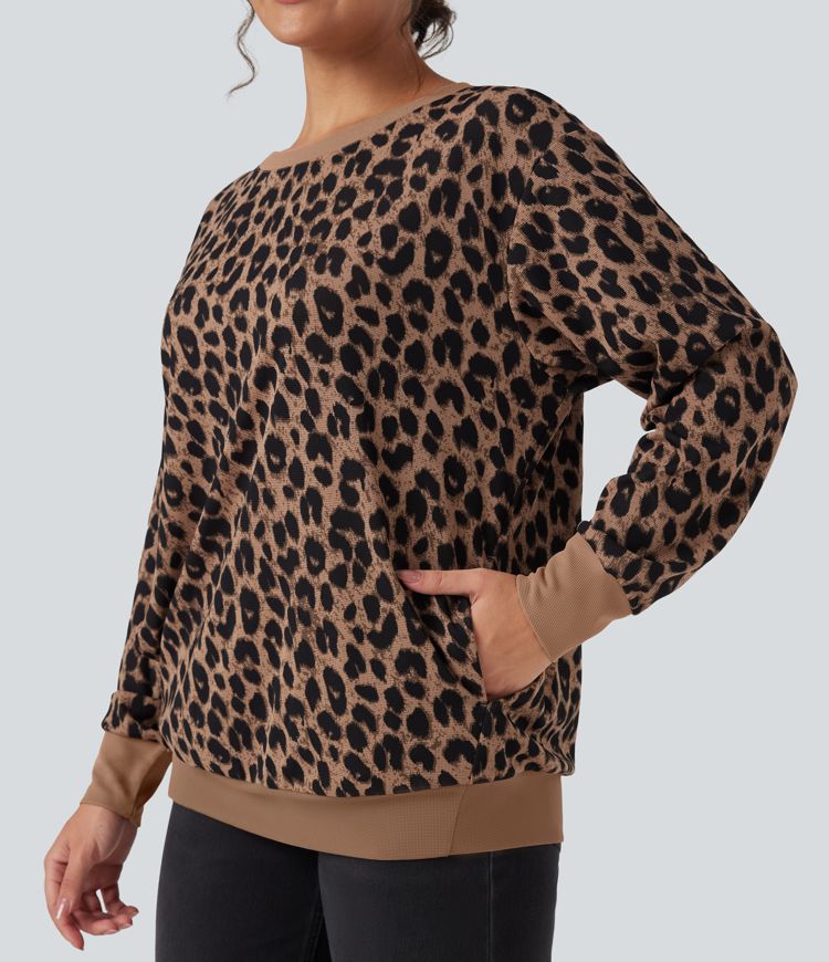 Round Neck Long Sleeve Leopard Waffle Oversized Casual Sweatshirt with Pockets